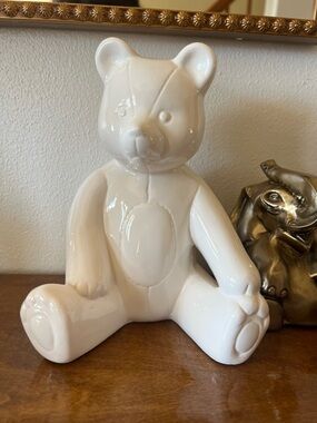 White Ceramic Teddy Bear Figurine - Home Art Decor